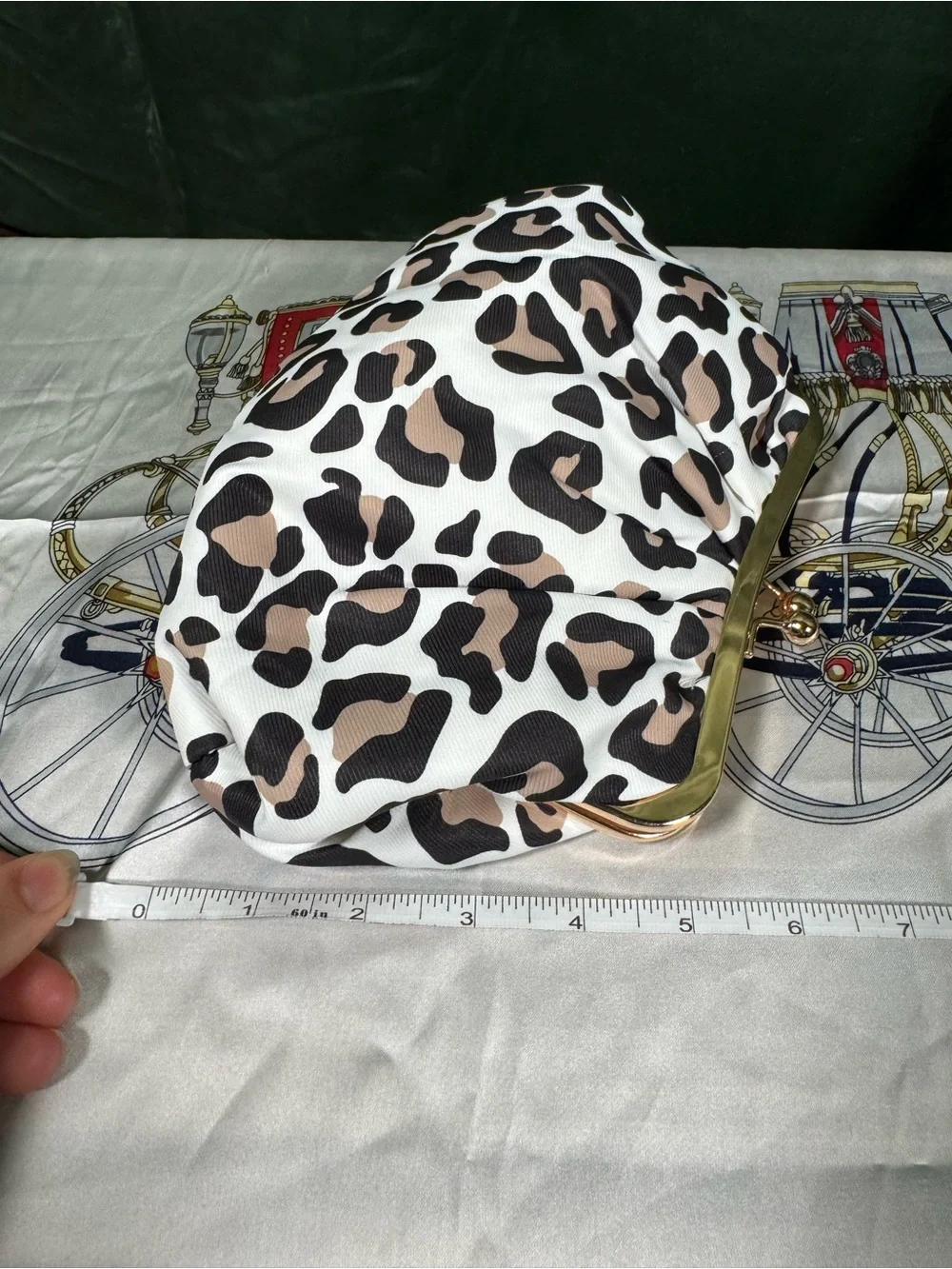 Leopard Print Pleated Clasp Clutch in White, Beige & Black
